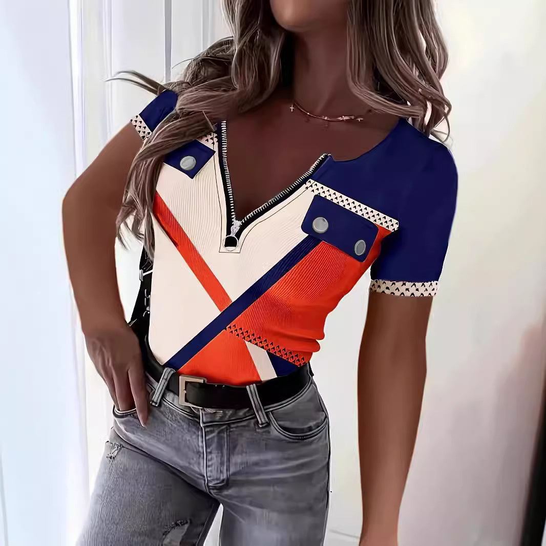 Slim-Fit Printed Zip-Up T-Shirt for Women – Trendy Short Sleeve Top