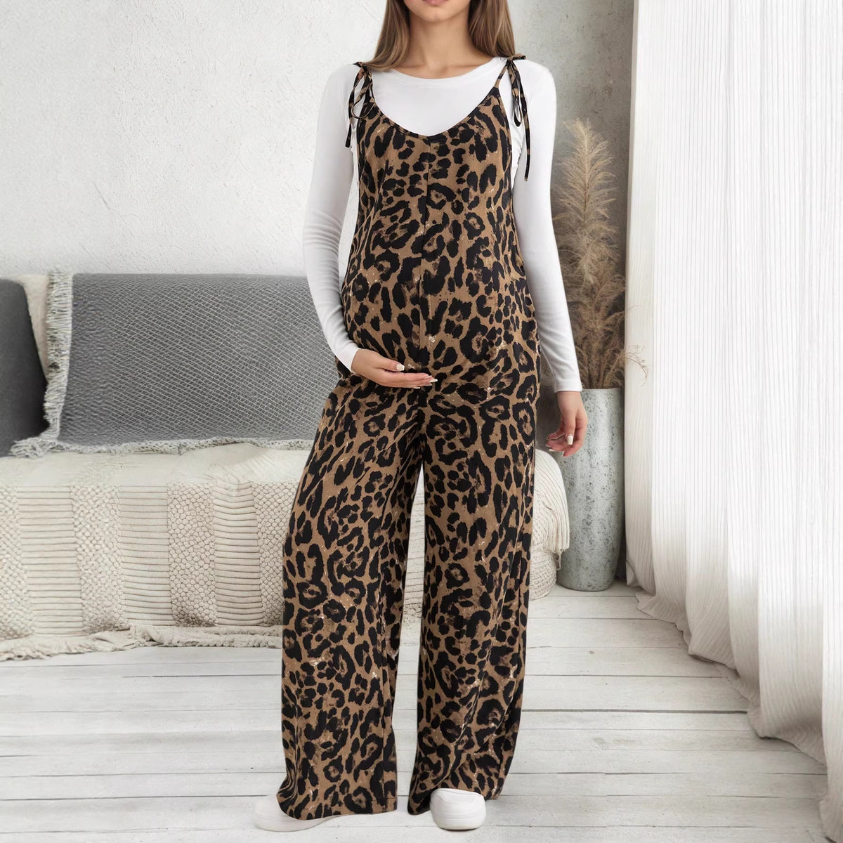 Adjustable Wide-Leg Jumpsuit Casual Leopard Romper