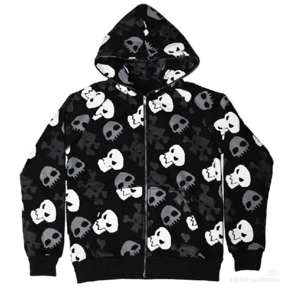 Oversize Skull Zip Hoodie | Edgy Dark Wind Cardigan