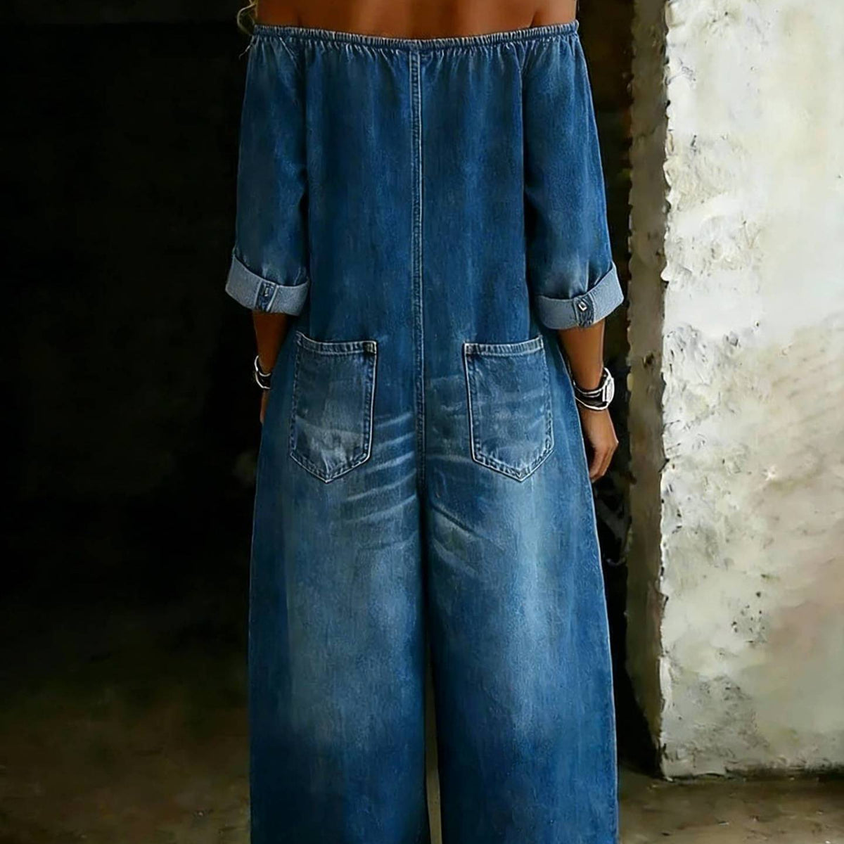Off-Shoulder Faux Denim Jumpsuit with Pockets