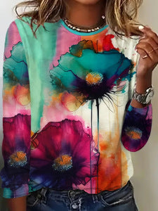 Gradient Floral Print Long Sleeve Round Neck Top