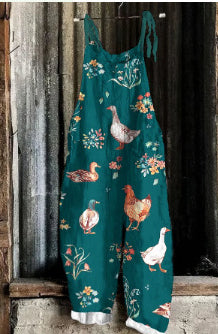 Women's Retro Printed Strap Jumpsuit Linen Pants