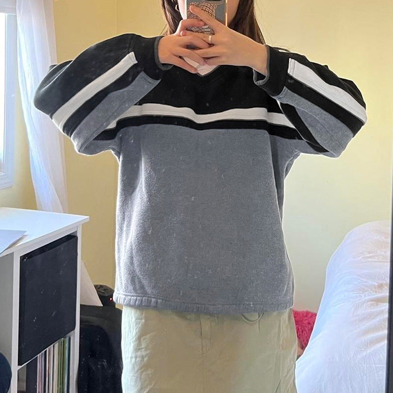 Women's Contrast Color Striped Stitching Small V-neck Design Loose-fitting Casual Pullover Female