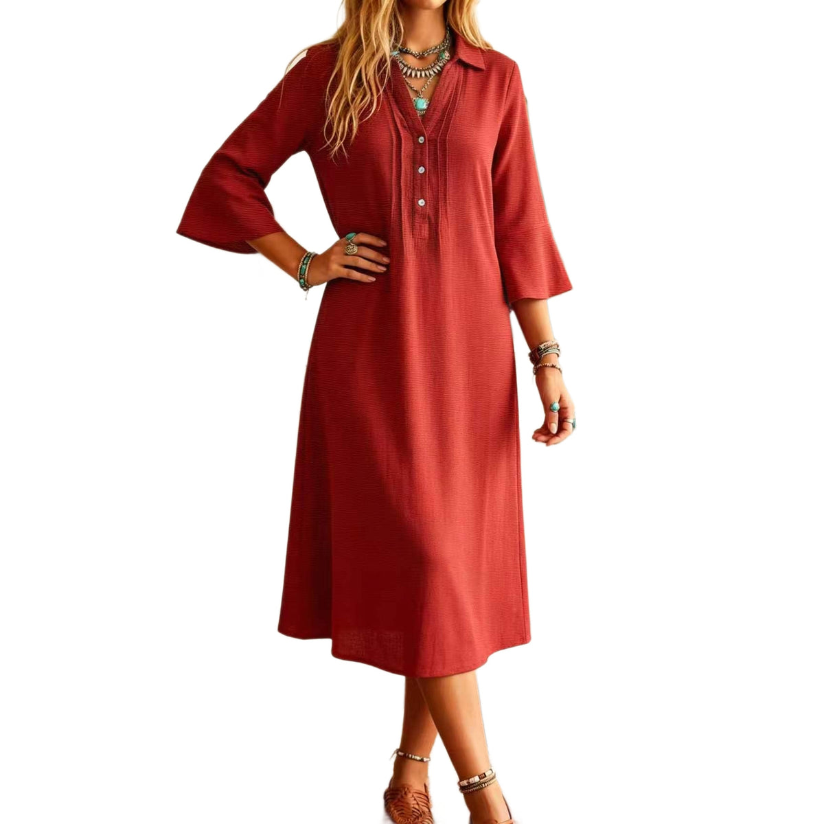 Red Long Casual Linen Shirt Dress with Buttons