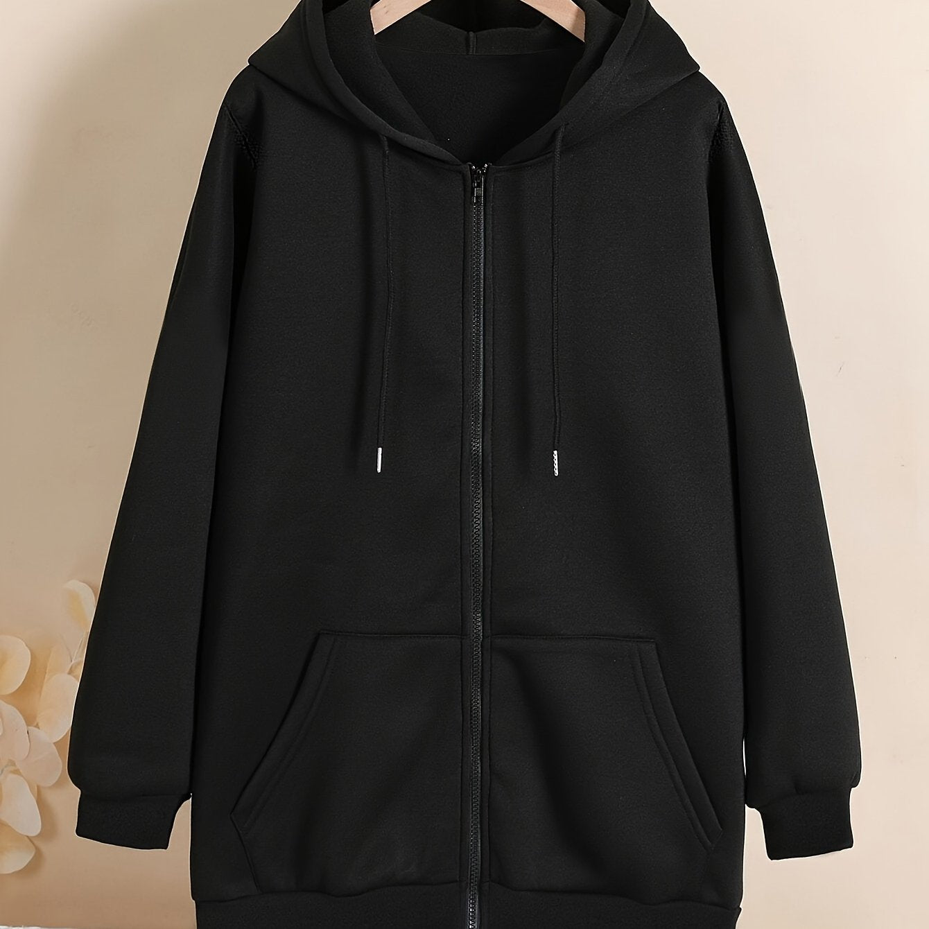 Women's Plus Size Long Sleeve Hooded Fleece-Lined Sweatshirt with Zip Front and Drawstring – Solid Color