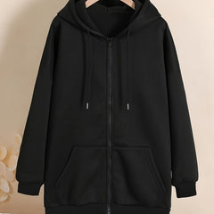 Plus Size Women's Fleece-Lined Zip-Up Hooded Sweatshirt with Long Sleeves