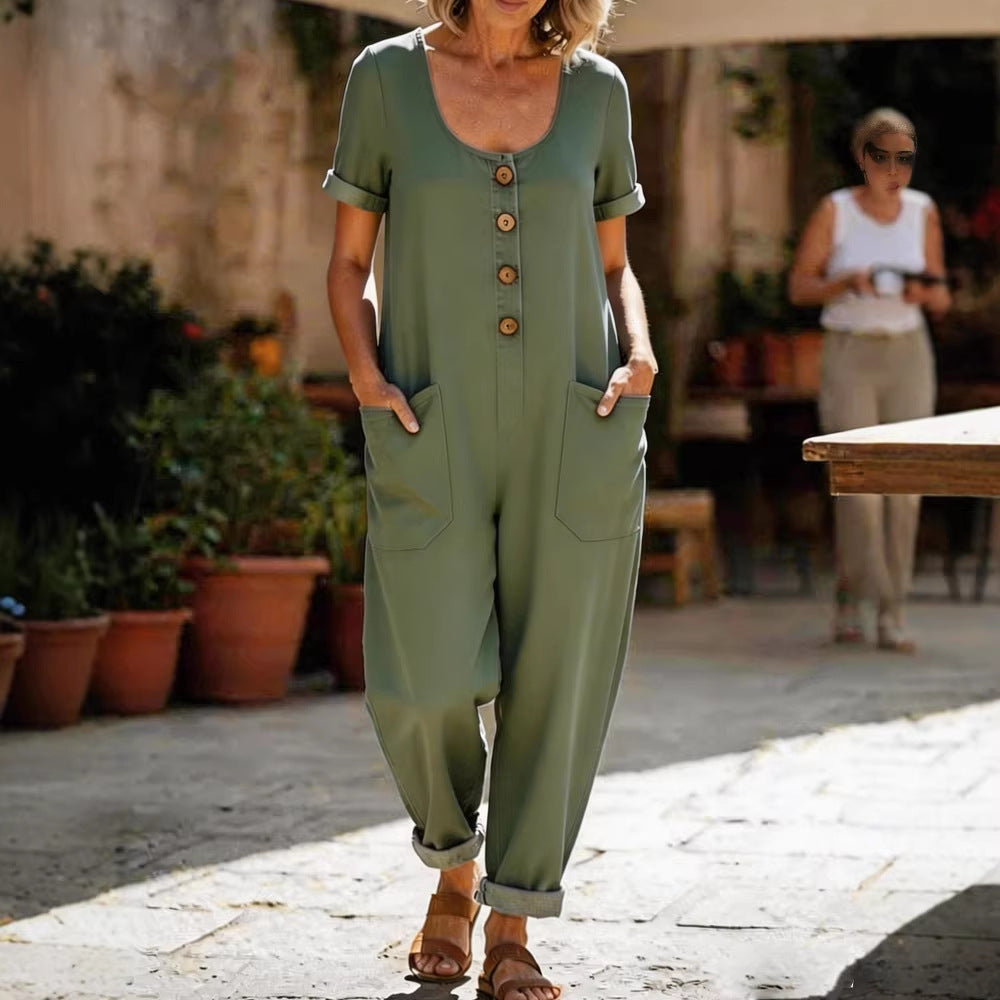 Women's Casual Loose Short-Sleeve Pocket Jumpsuit