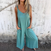 Loose-fitting Casual Cotton-linen Tank Jumpsuit With Patch Pockets