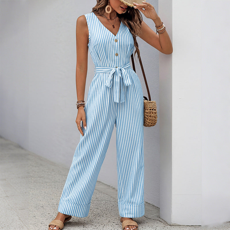 Women's Casual Striped Wide-Leg Jumpsuit