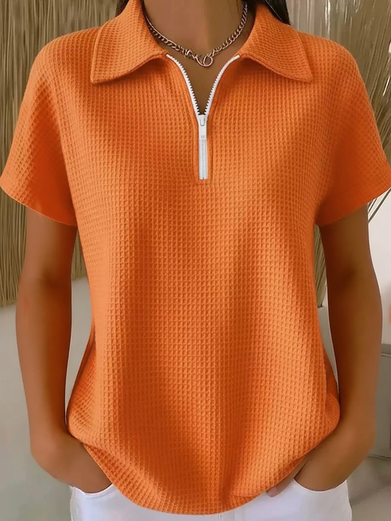 Pullover Drop-shoulder Half-zip Waffle-knit Short Sleeve