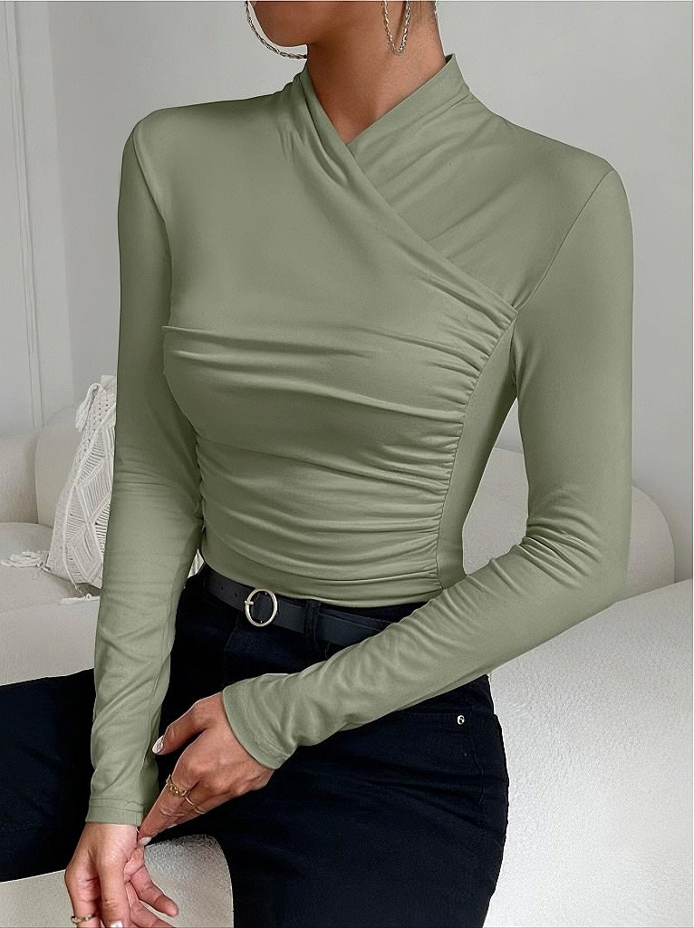 Cross Collar Pleated Slim Long Sleeve Top