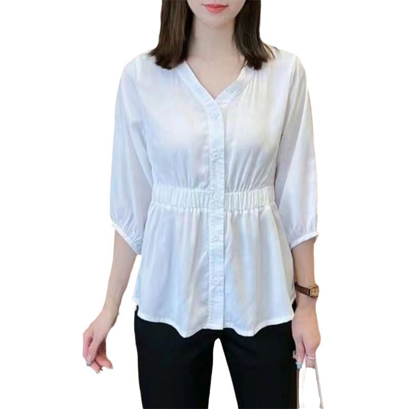 Women's Casual Simple Waist Cinched Seven Quarter Sleeve Shirt