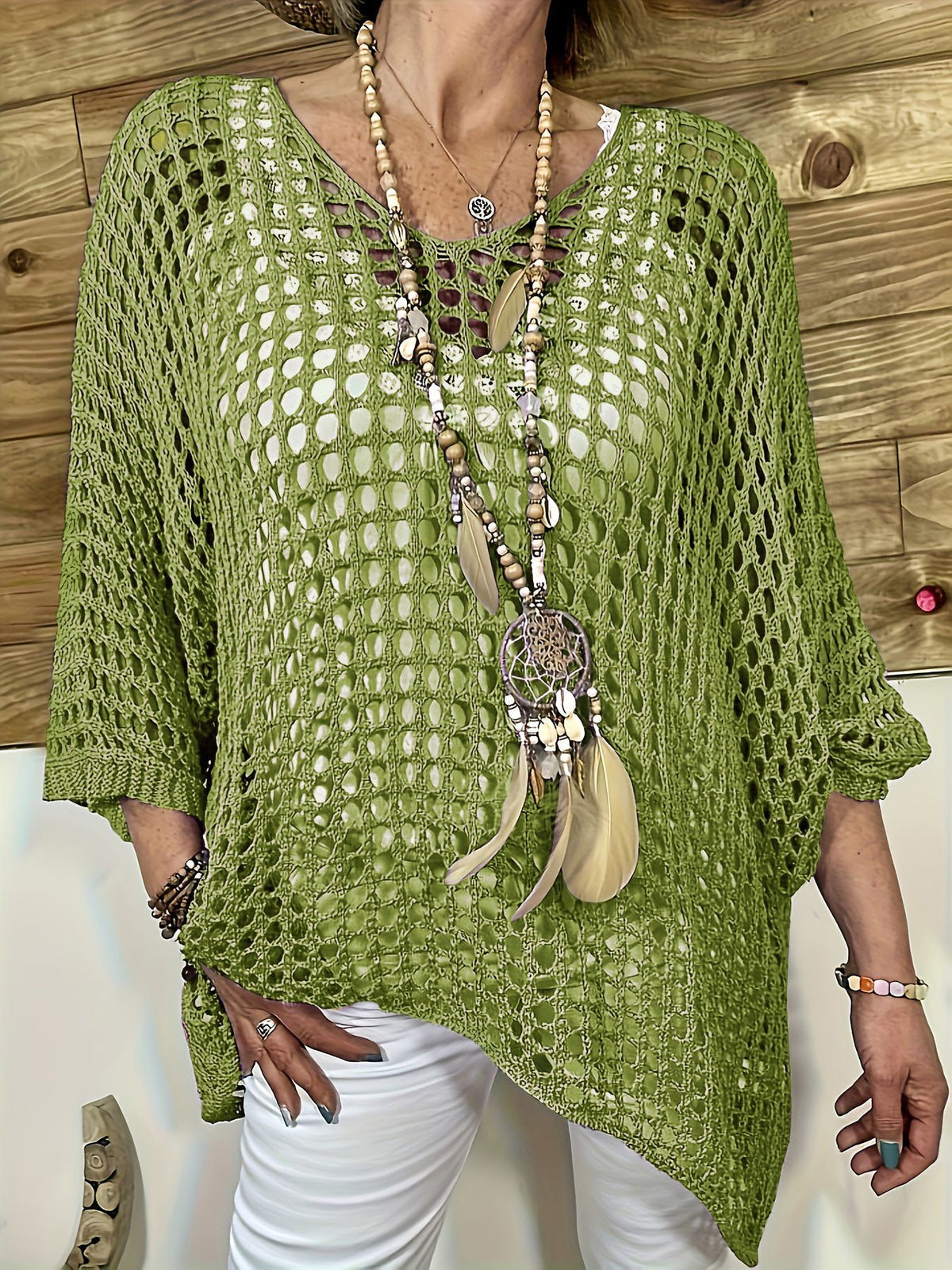 V Neck Hollow Out Knit Tunic Top Batwing Half Sleeve Loose Mesh Cover Up