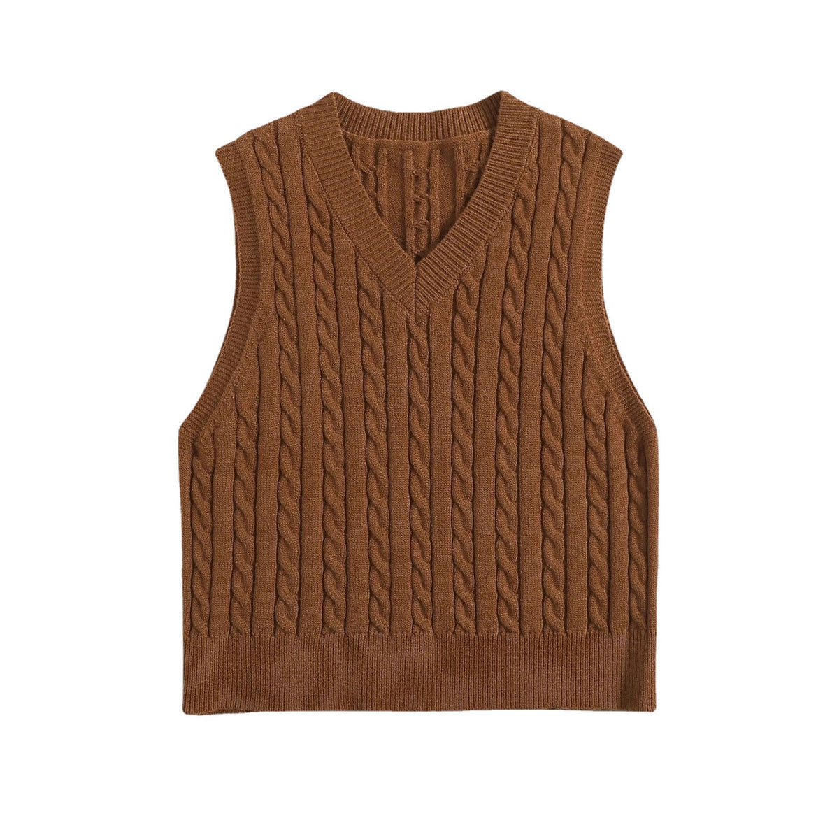 Springsummer Knitted Cabled Vest Pullover with V-neck
