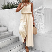 Solid-color Buttoned Suspender Wide-leg Pants Elastic-waist Jumpsuit