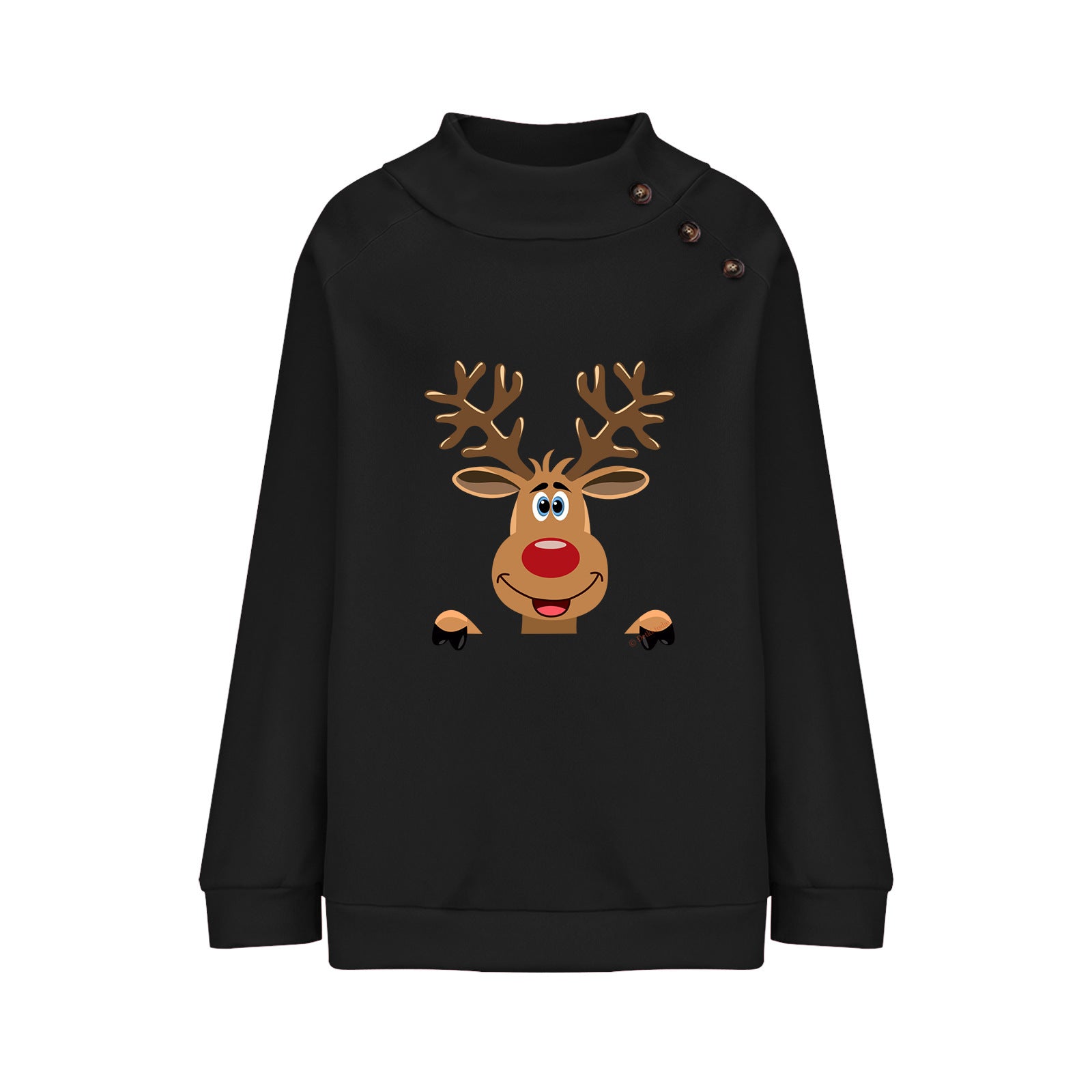 Deer Cartoon Turtleneck Buttons Loose Long Sleeve Sweatershirt Female