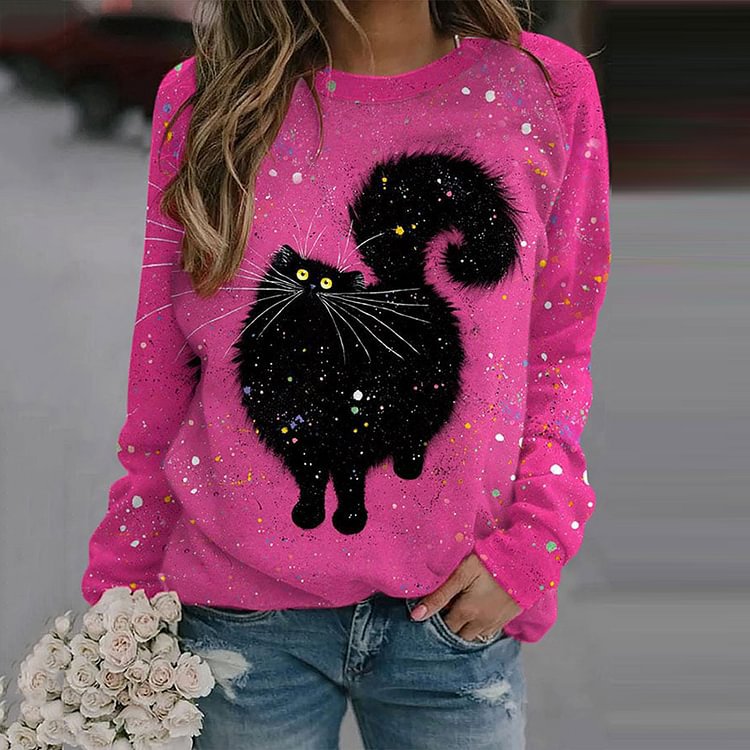 Cute Cartoon Cat Print Long Sleeve Crew Neck Sweatshirt