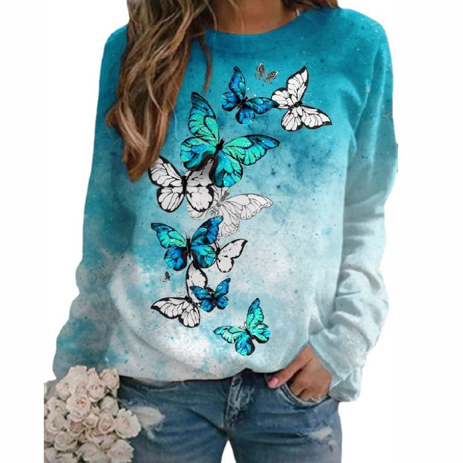 Floral Butterfly Print Loose Casual Pullover Sweatshirt