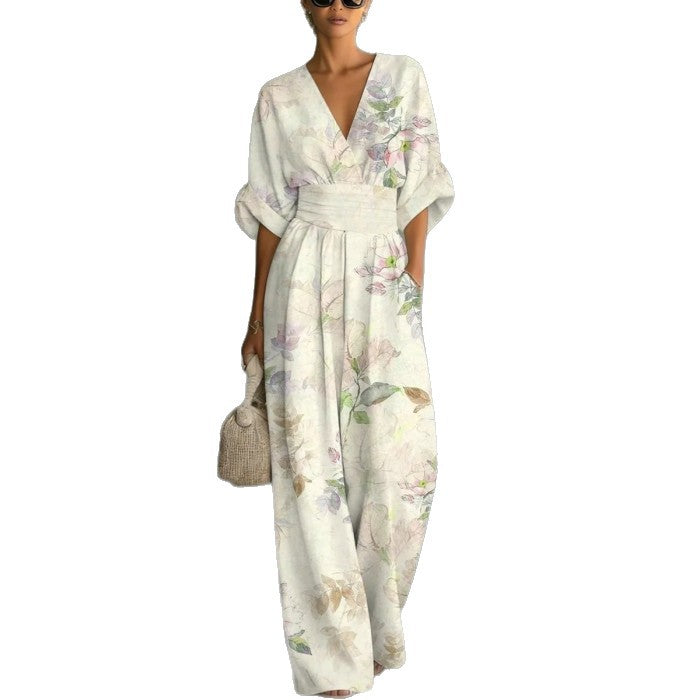 Printed V-Neck Waist-Cinched Wide-Leg Jumpsuit
