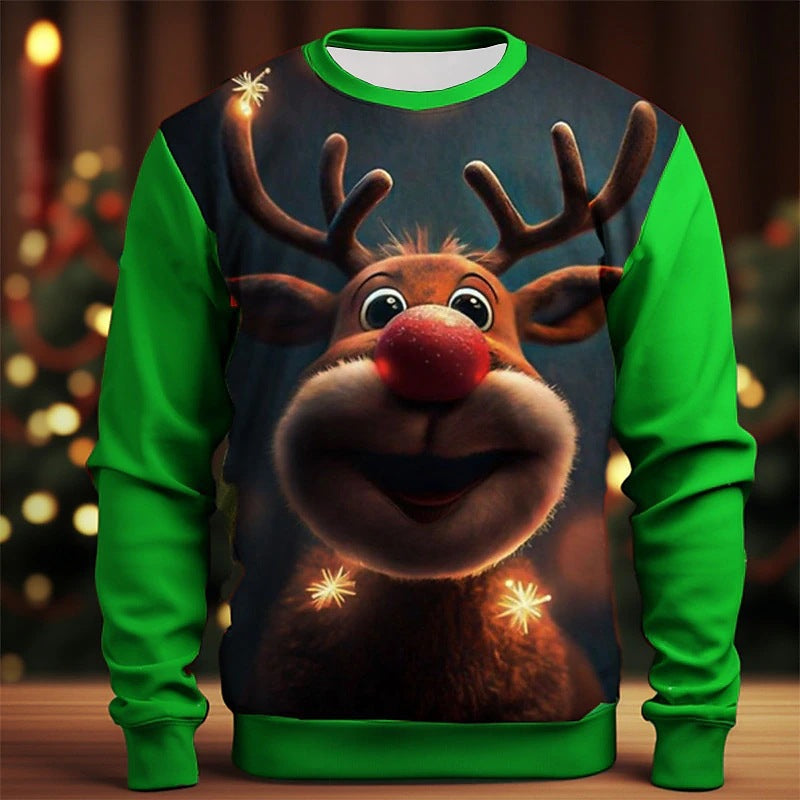 Festive Christmas Elk Print Crewneck Sweater