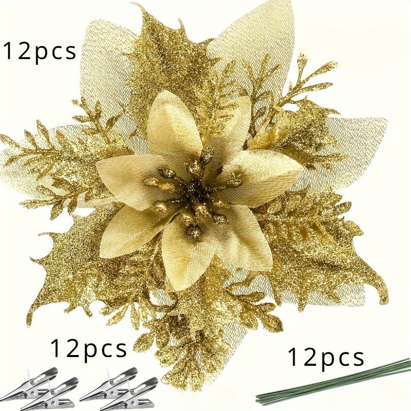 36pcs Glittering Christmas Star and Flower Hanging Ornaments Set with Clips and Stems - Perfect for Christmas Tree, Wreaths, Holiday Decorations, and Home Décor Multi-Purpose Gift