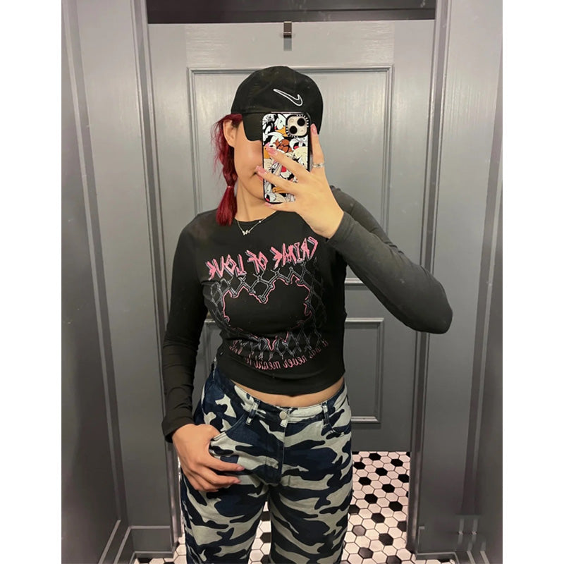 Vintage Geometric Print Long-Sleeve Slim T-Shirt