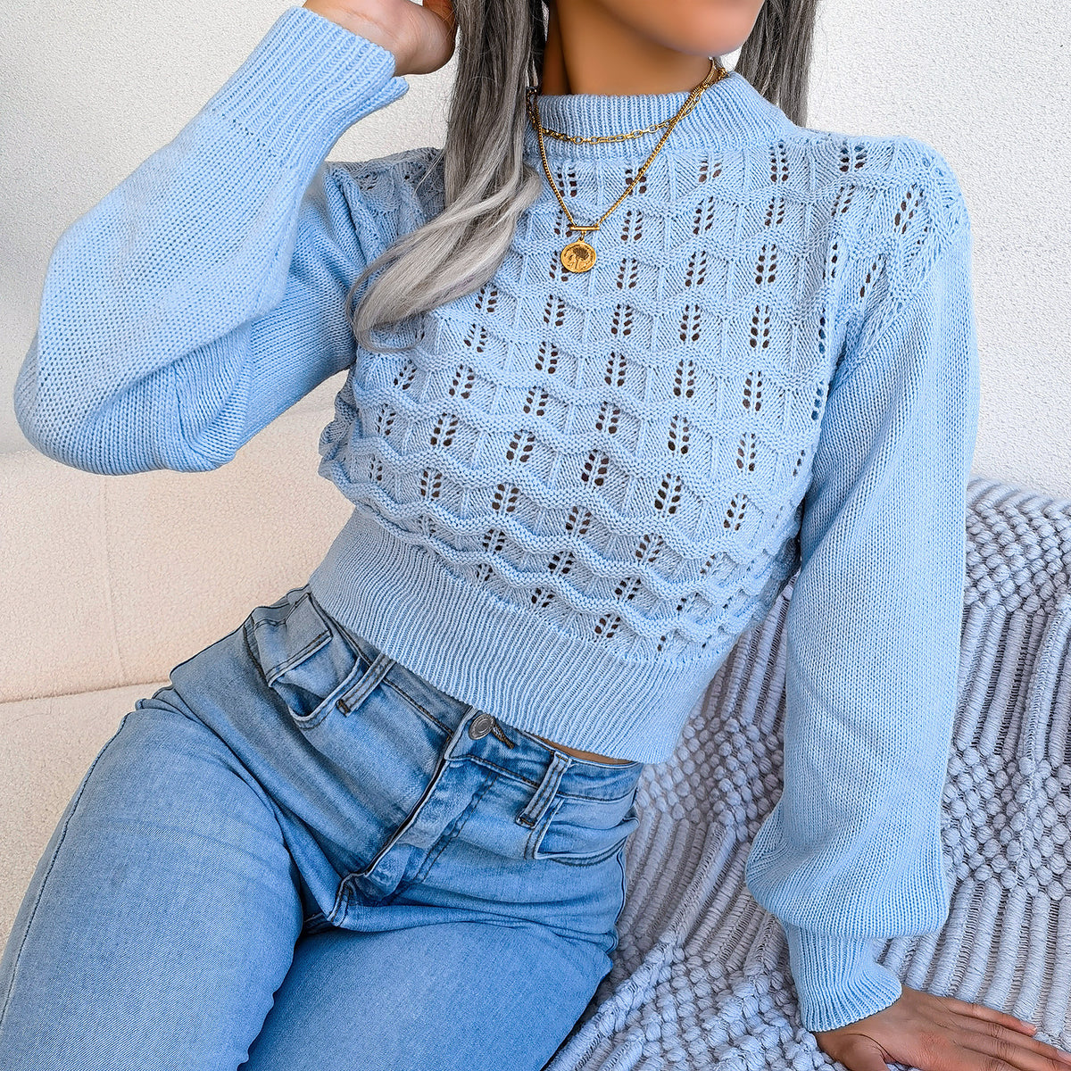 Women Street Style Solid Color Hollow Stripe Lantern Sleeve Cropped Sweater