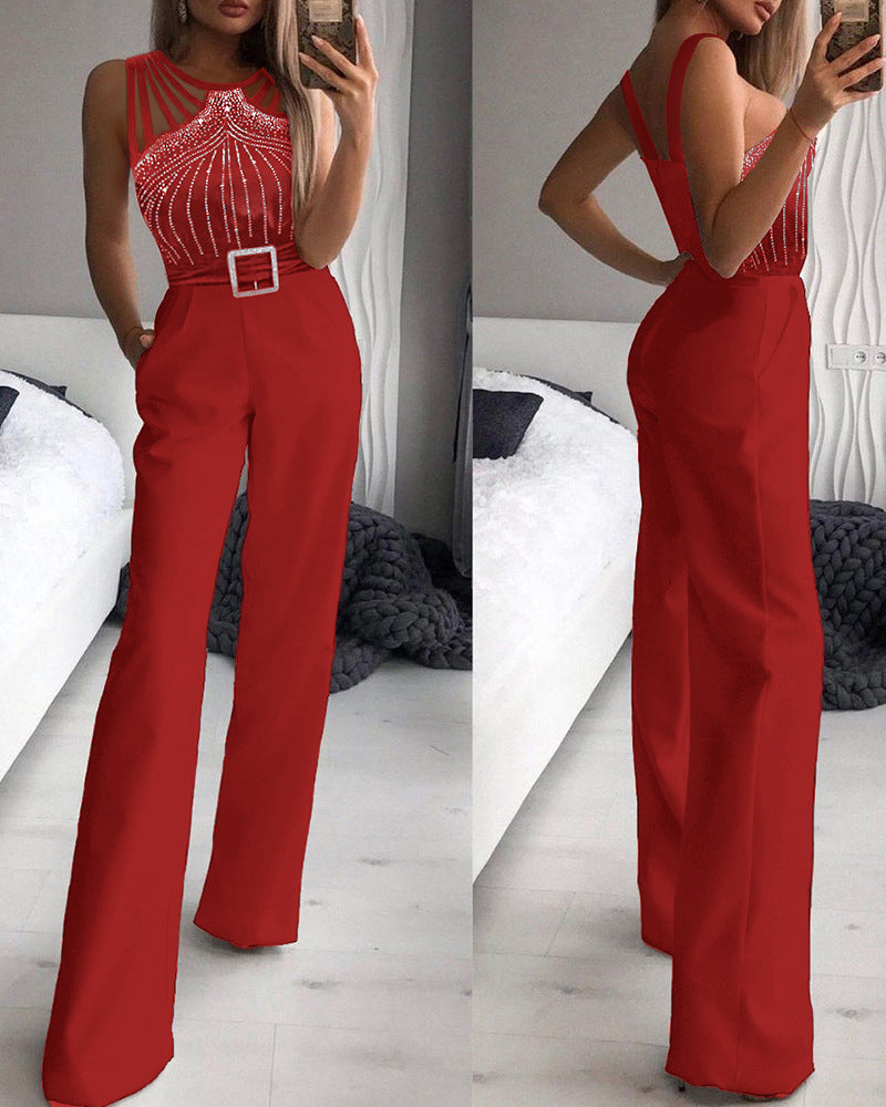 Rhinestone Strapless Waist-Cinching Jumpsuit
