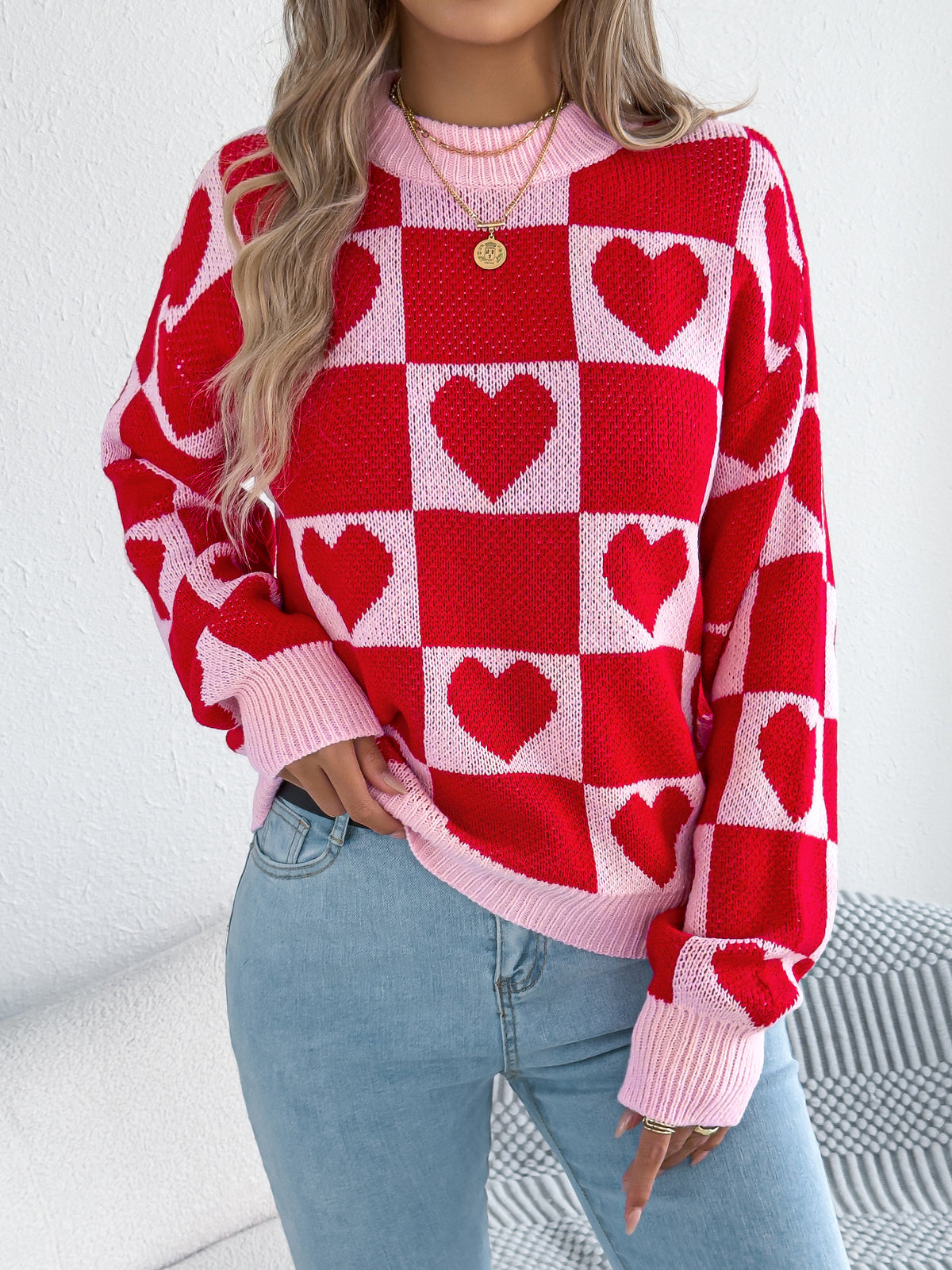 Women's Color-blocked Plaid Heart Lantern Sleeve Pullover Sweater for Valentine's Day