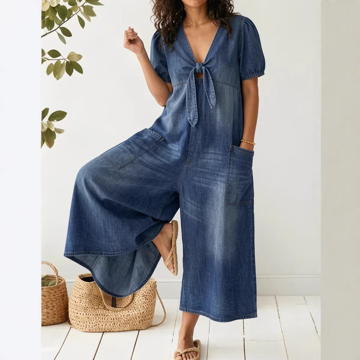 Womens Short-Sleeve V-Neck Denim Jumpsuit