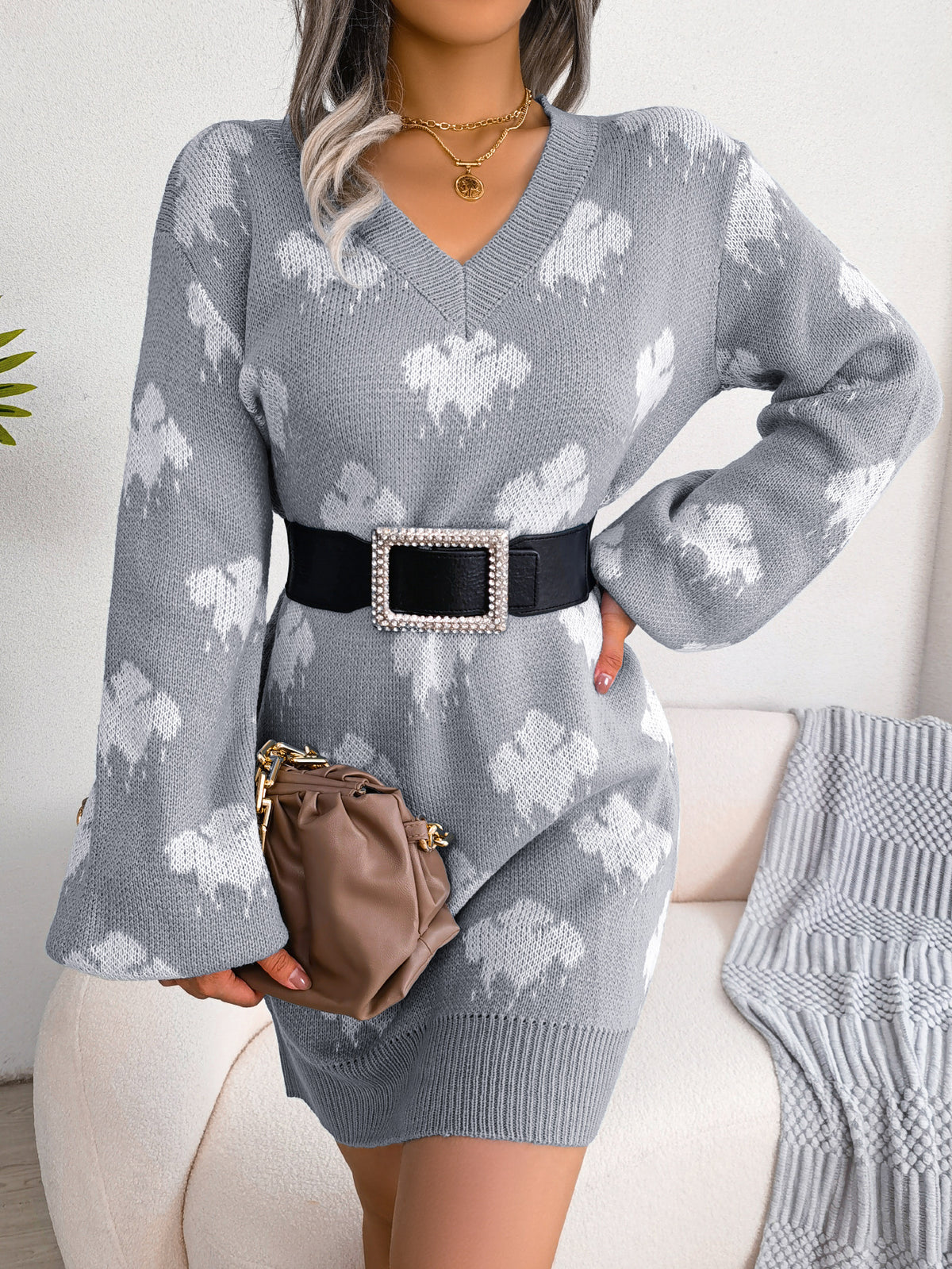 Women's Color-blocked Cloud Lantern Sleeve Knitted Slip Dress