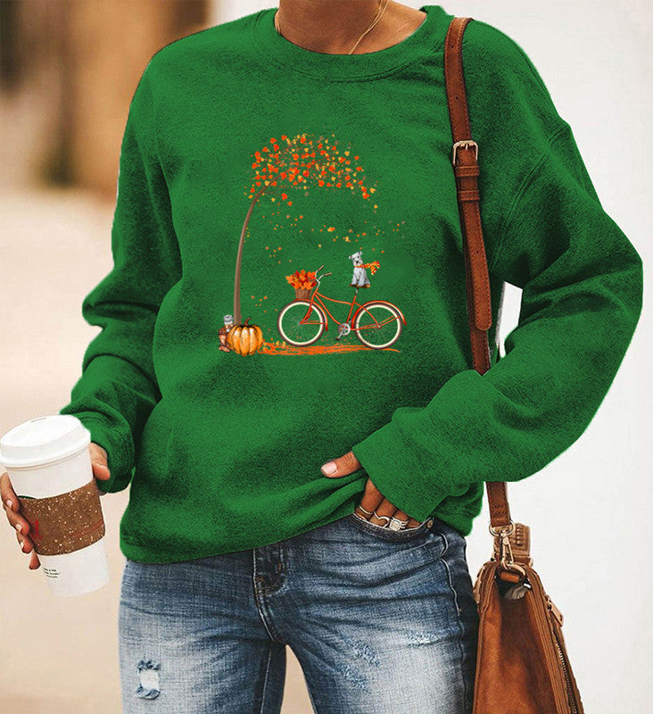 Women's Bicycle Print Fleece Long Sleeve Crew Neck Sweater