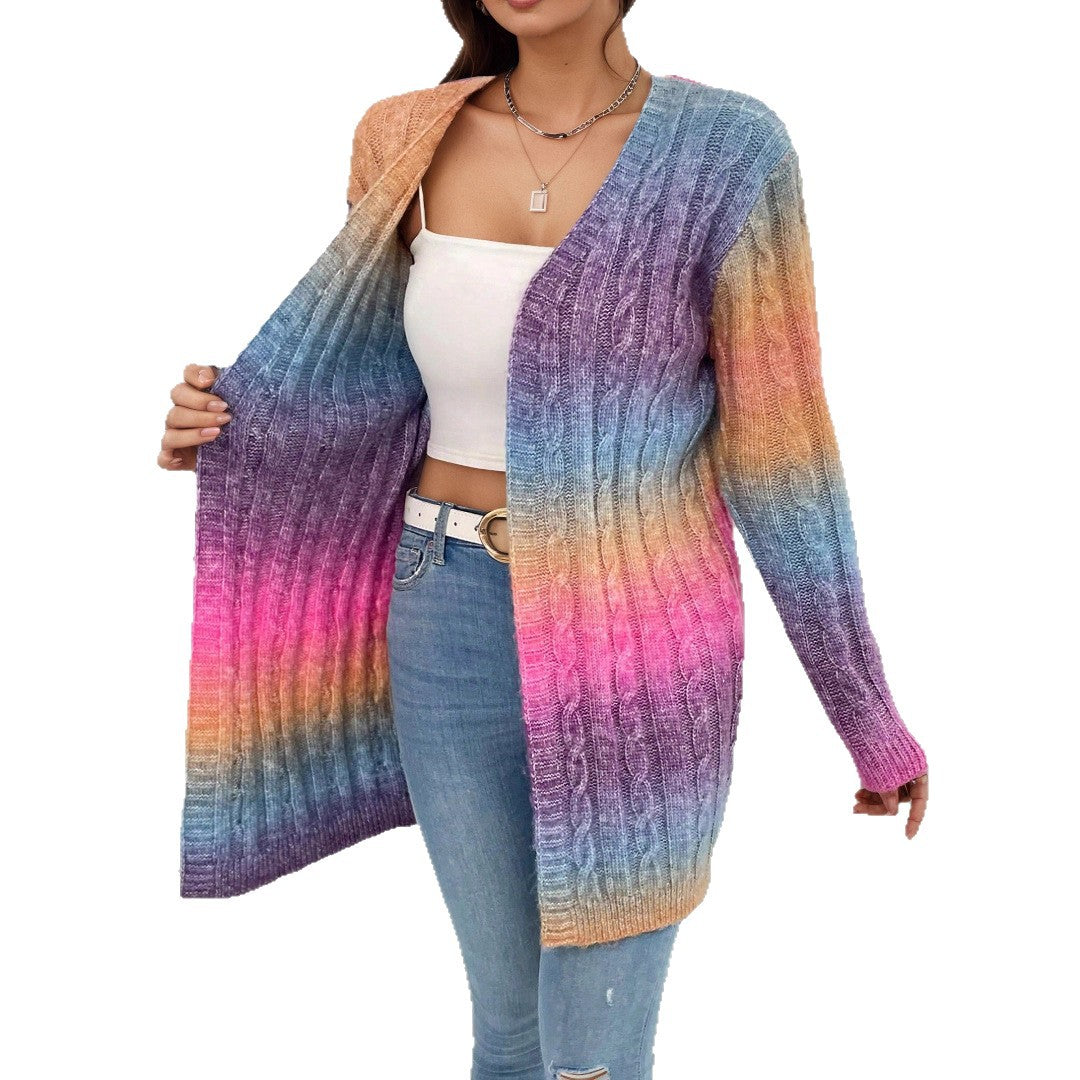 Gradient Color Twist Knitted Cardigan Coat for Women