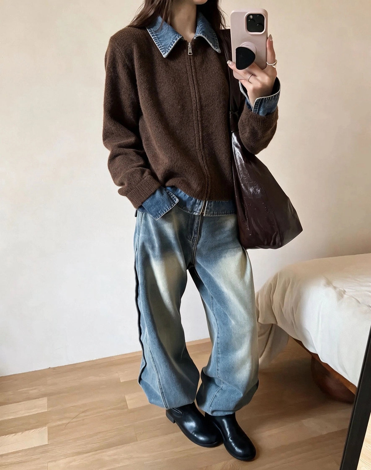 Notch-collar Denim Patchwork Womens Loose Casual Long-sleeve Sweater Coat