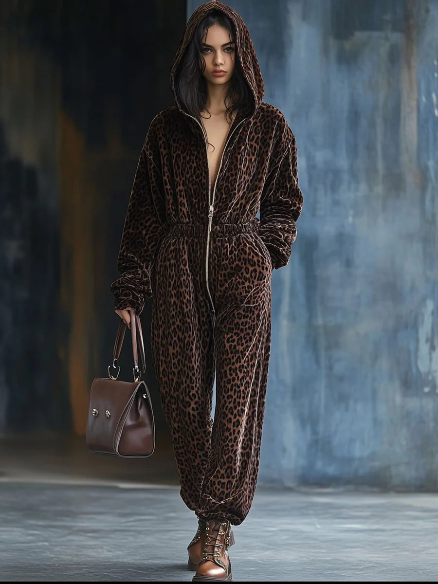 Leopard Print Hooded Long Sleeve Jumpsuit