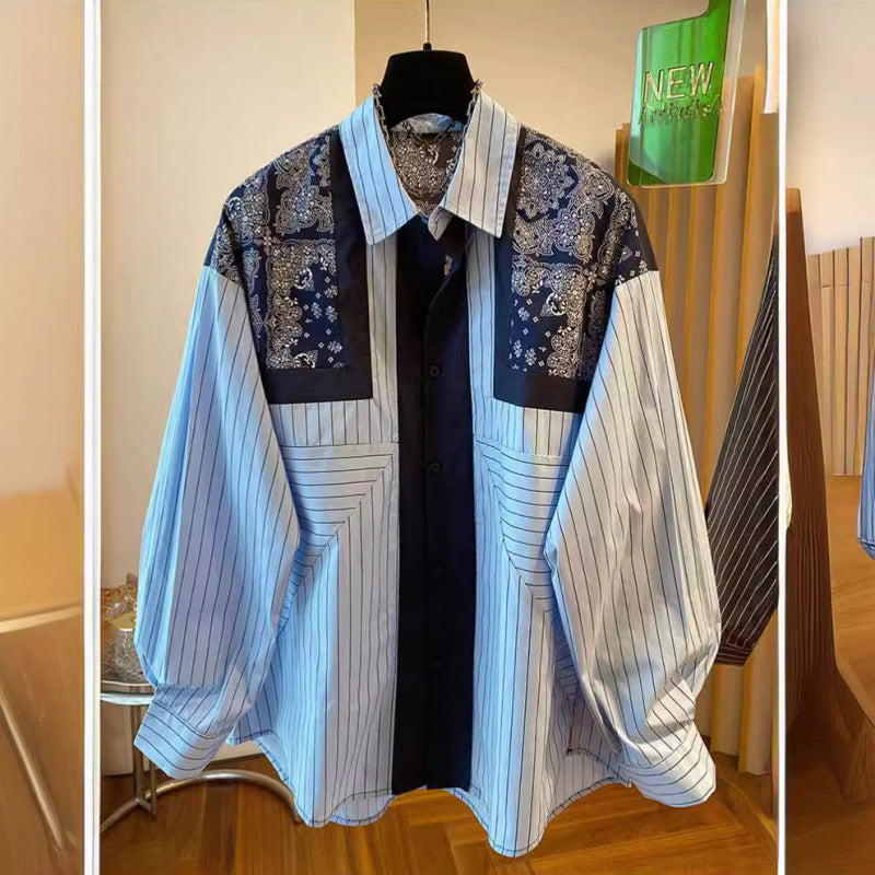 Loose-fit Casual Retro Ethnic-Style Printed Blue Striped Long-Sleeve Shirt For Women