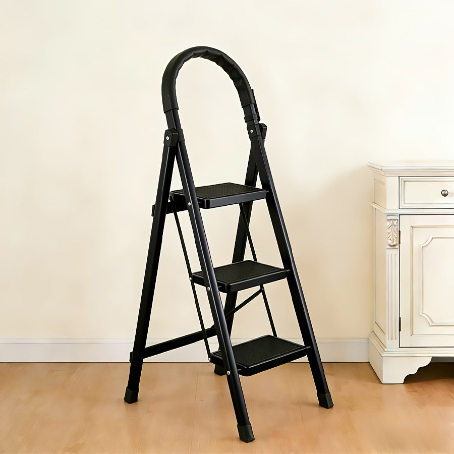 2000 lb Load‑Bearing Folding Steel Ladder with Anti‑Slip Wide Treads, Handrails, Safety Lock, Black and Red