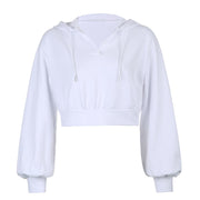 Solid Color Waist Tight Loose V-neck Hooded Jacket