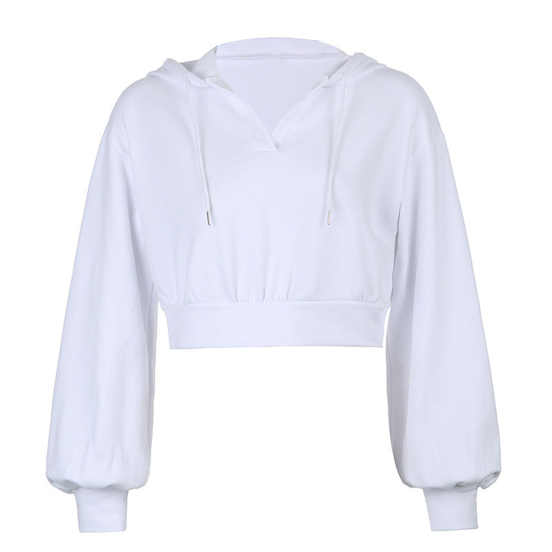 Solid Color Waist Tight Loose V-neck Hooded Jacket