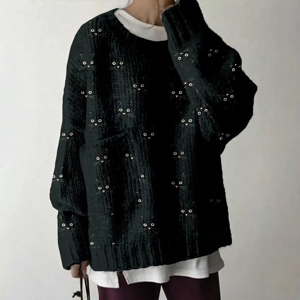 Cozy Sweater with a Cute Cat-face Pattern and Large Pockets