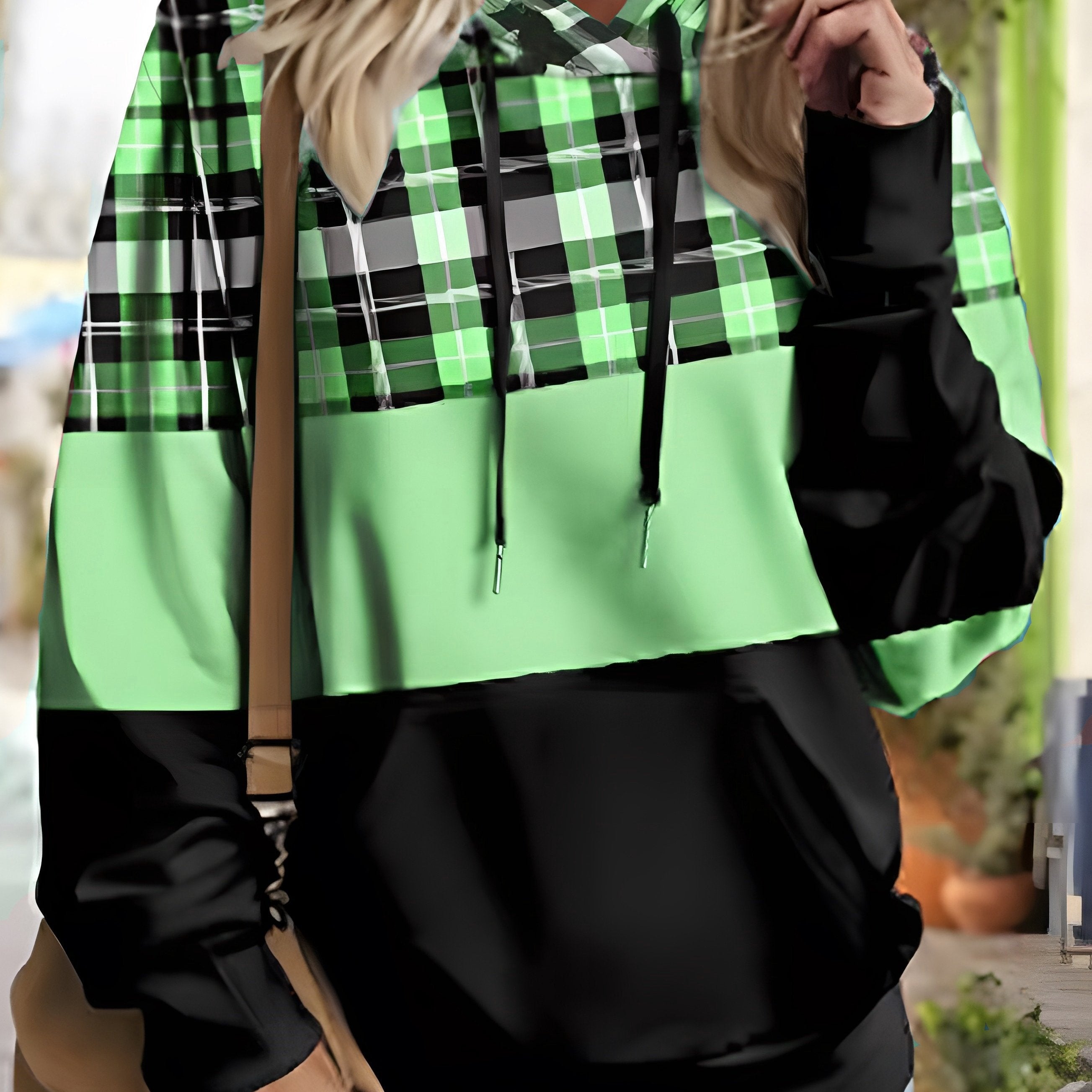 Plus Size Women's Casual Loose Plaid Contrast Print Hooded Sweatshirt with Drawstring