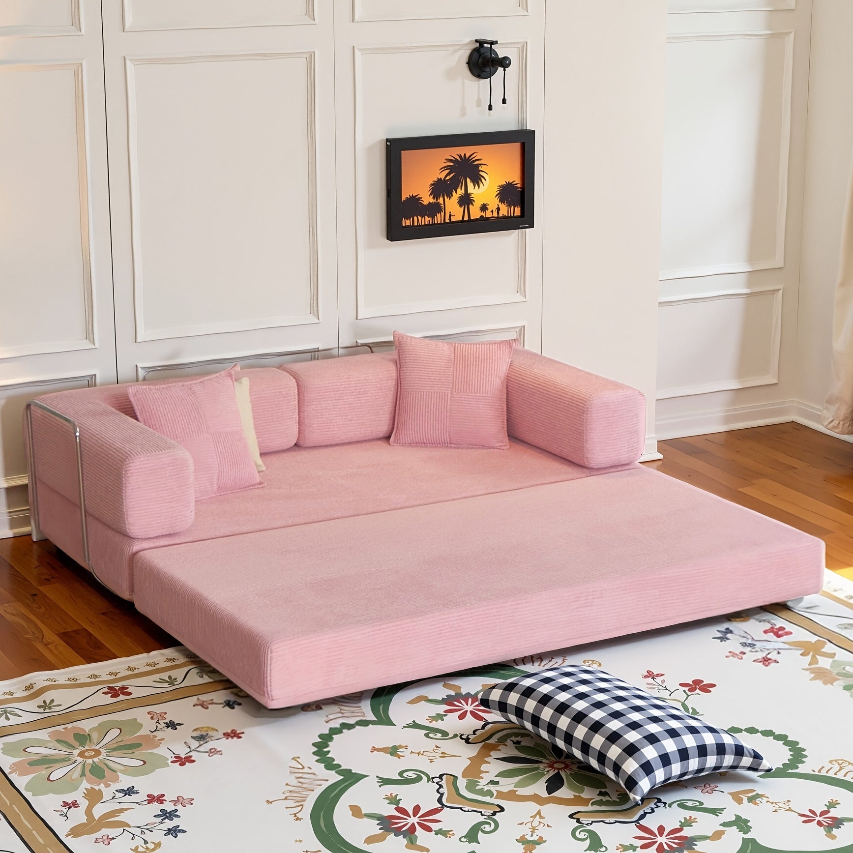 Modular L-shaped chaise longue sofa bed with deep seat and corduroy upholstery