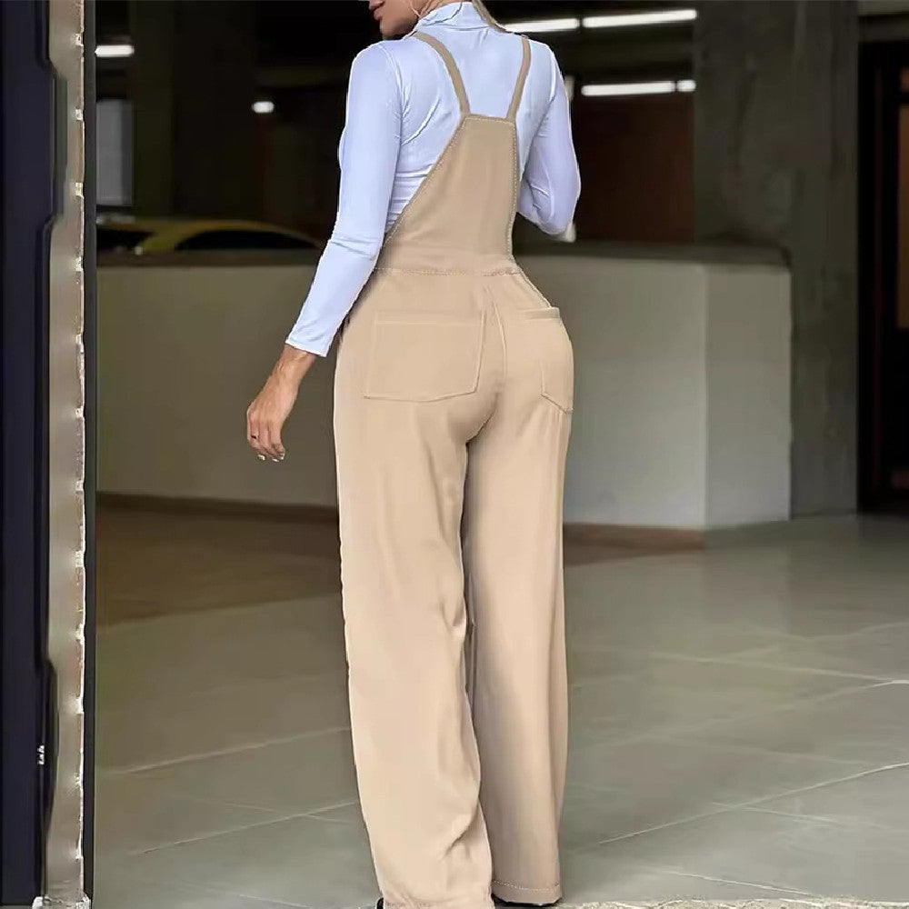 Women's Khaki Casual Suspender Wide-leg Trousers