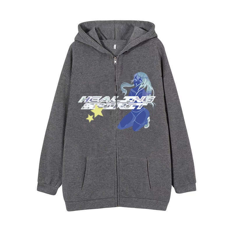 Butterfly Print Zip-Up Casual Hoodie