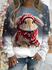 Cute Rabbit Print Round Neck Long Sleeve Sweater