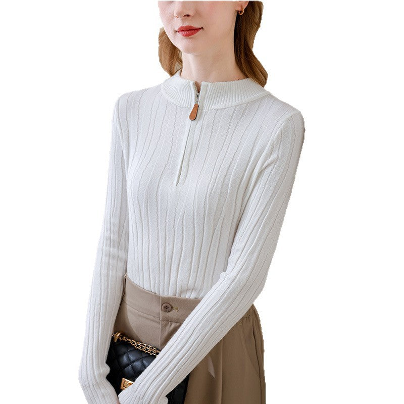 Retro Zipper Ribbed Knit Base Shirt with Semi-high Collar