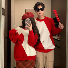 Design Red Bow Atmosphere Color Matching Sweater