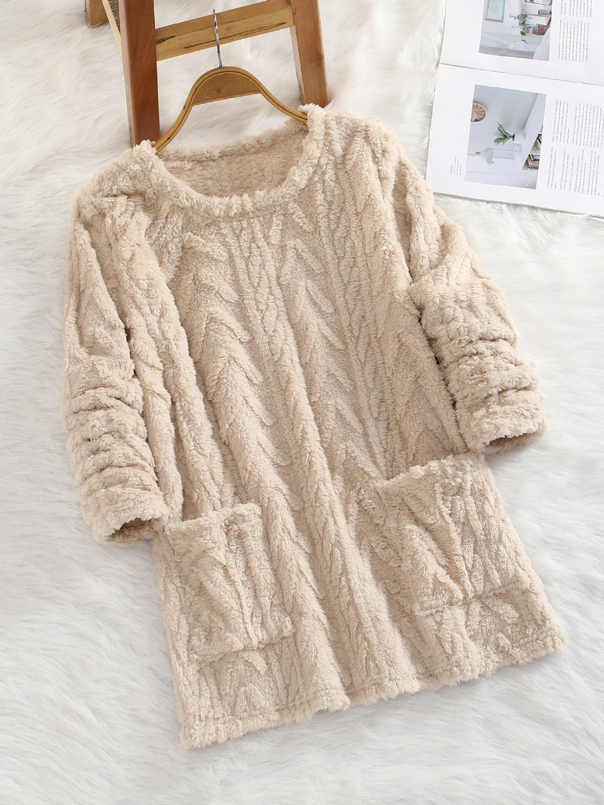 Teddy Fleece Jacquard Long-sleeve Casual Sweatshirt for Autumn and Winter Fluffy and Warm with Pocket Hood