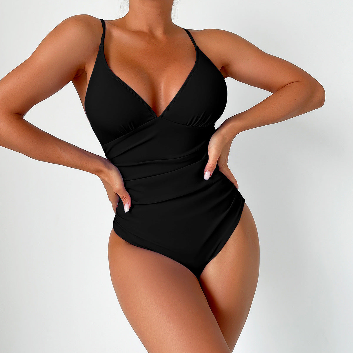 Sexy Deep V One-Piece Swimsuit with Ribbon & Chest Pad