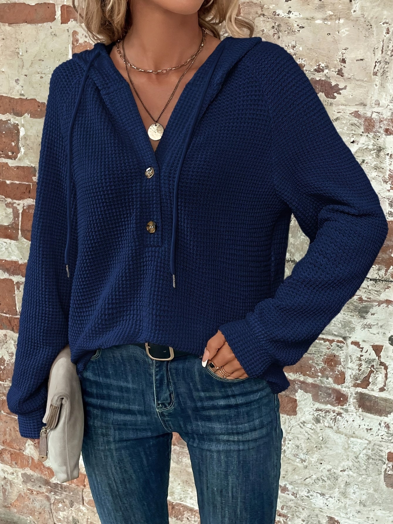 Solid Button-embellished Waffle Knit Hoodie, Casual Long-sleeve Drawstring Hoodie